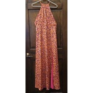 NWT Christian Siriano NY Halter Maxi Dress Orange-Pink Leopard Print Sleeveless